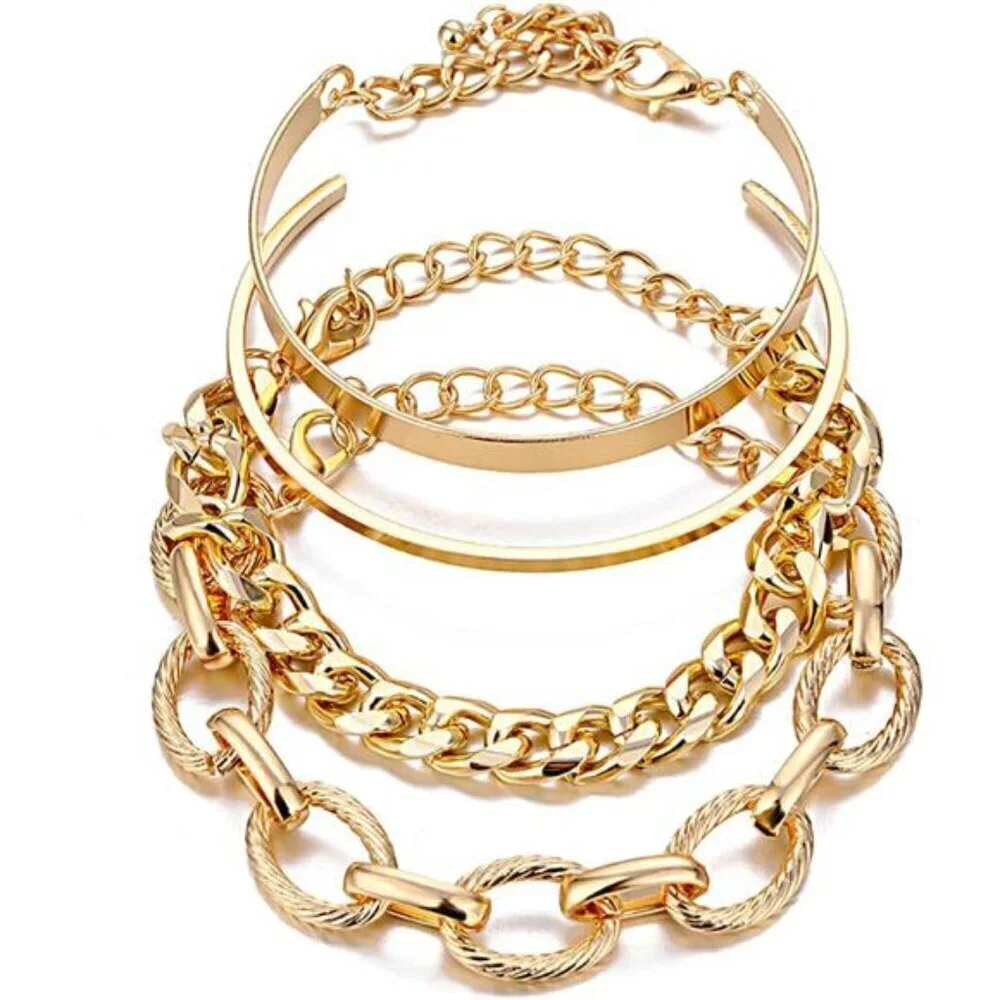 Trendy 4-Piece Gold Bracelet Set for Women – Chunky Chain, Minimalist Cuff